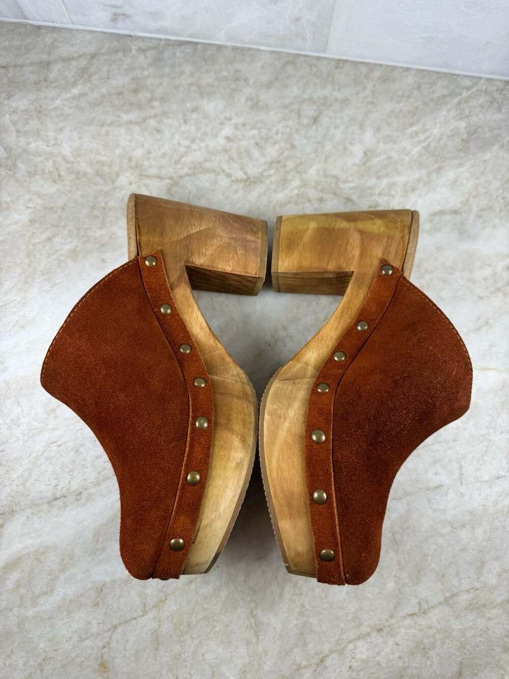 Five Worlds Brown Suede Studded Wooden Clog Heels Size 7 Boho Mules - Picture 4 of 9